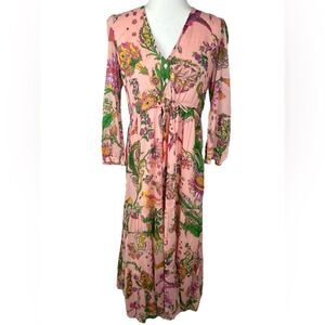 Banjanan Pink Rosette Print Summer Casual Drawstring Waist Midi Dress